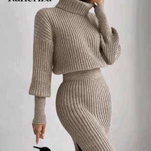 Elegant Tan Ribbed Knit Dress
